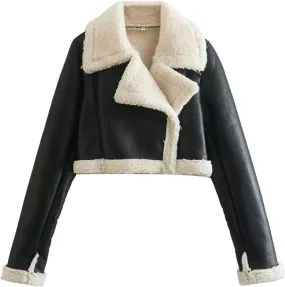Women Leather Jacket Faux Fur Moto Jacket Thicken Fleece Lined Parka Winter Shearling Fluffy Coat Cropped Bomber Jacket