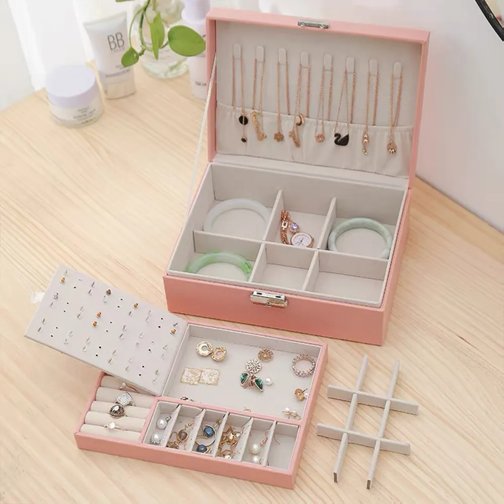 Women Personalized PU Jewelry Box, Vintage Jewelry Box 2 Tiers, Large Jewelry Organizer, Travel Jewelry Box