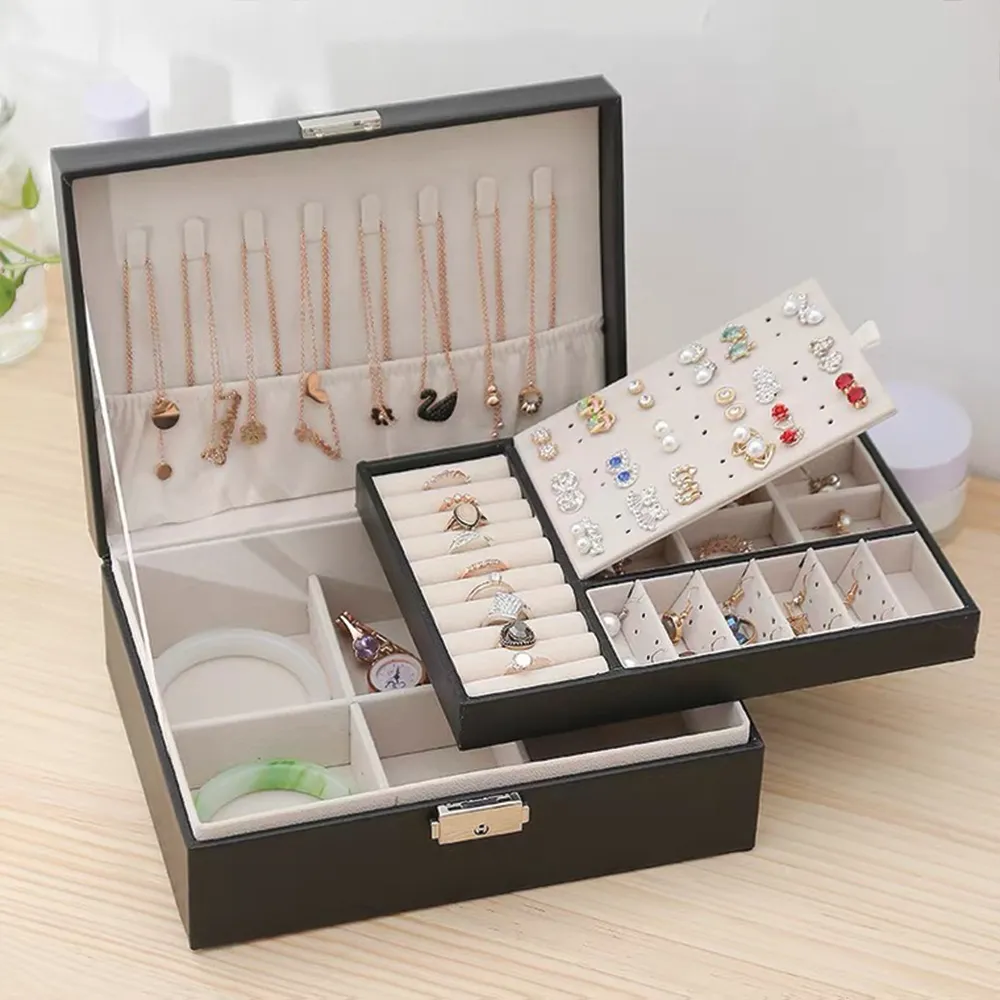 Women Personalized PU Jewelry Box, Vintage Jewelry Box 2 Tiers, Large Jewelry Organizer, Travel Jewelry Box