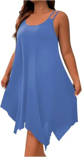 Women Plus Size Dresses Summer Spaghetti Strap Sundress Irregular Hem Midi Tank Dress 2025 Beach Fashion