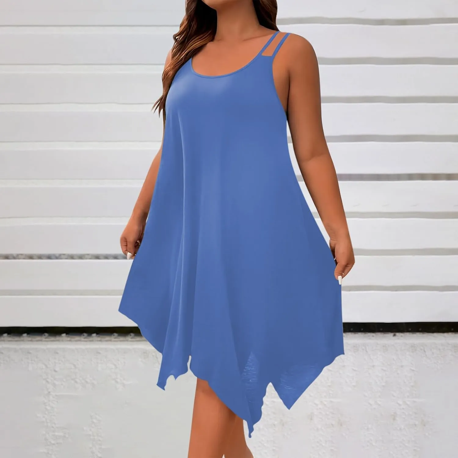 Women Plus Size Dresses Summer Spaghetti Strap Sundress Irregular Hem Midi Tank Dress 2025 Beach Fashion
