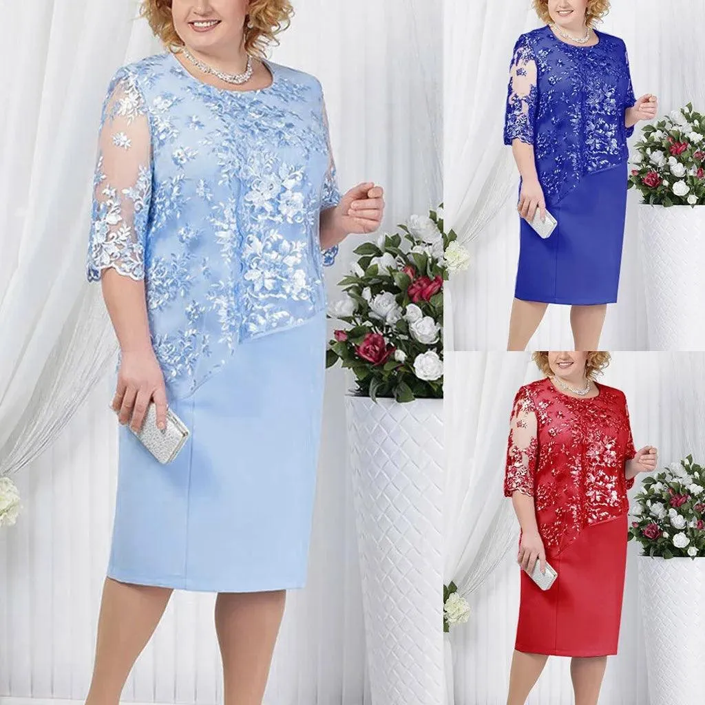 Women Plus Size Sequined Dresses Fashion Short Solid Lace Mini Dress Simple Oversized Ladies Cocktail Evening Party Dresses