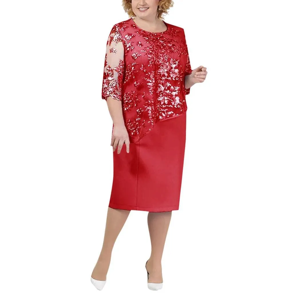 Women Plus Size Sequined Dresses Fashion Short Solid Lace Mini Dress Simple Oversized Ladies Cocktail Evening Party Dresses