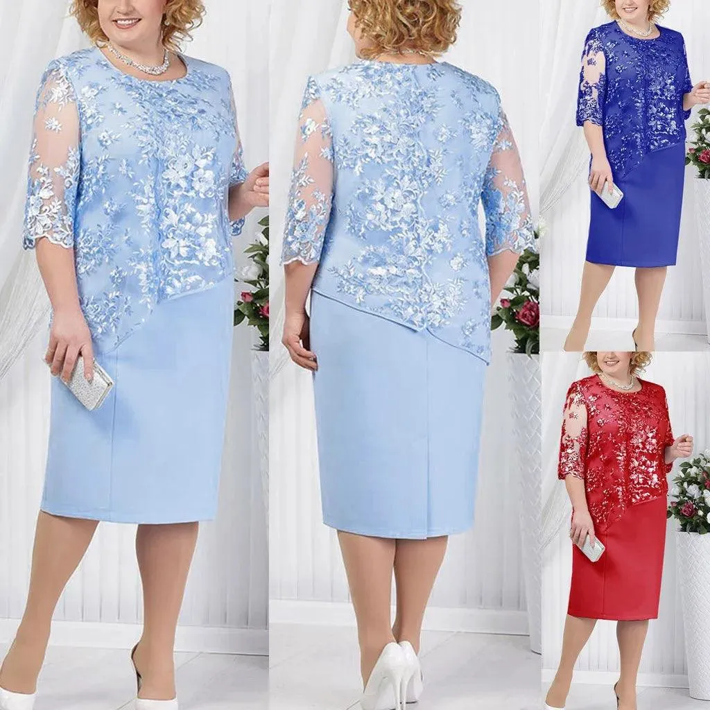 Women Plus Size Sequined Dresses Fashion Short Solid Lace Mini Dress Simple Oversized Ladies Cocktail Evening Party Dresses