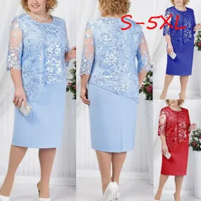 Women Plus Size Sequined Dresses Fashion Short Solid Lace Mini Dress Simple Oversized Ladies Cocktail Evening Party Dresses