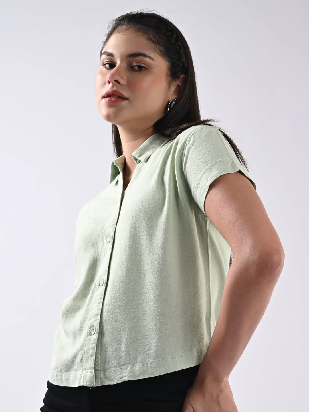Women Solid Short Sleeves Mint Shirt
