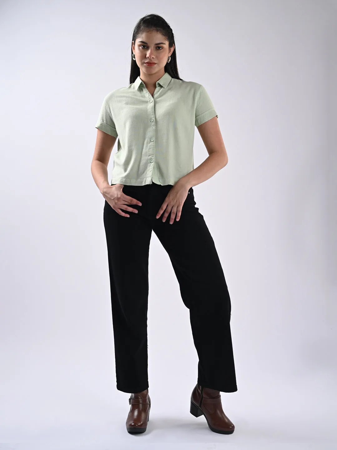 Women Solid Short Sleeves Mint Shirt