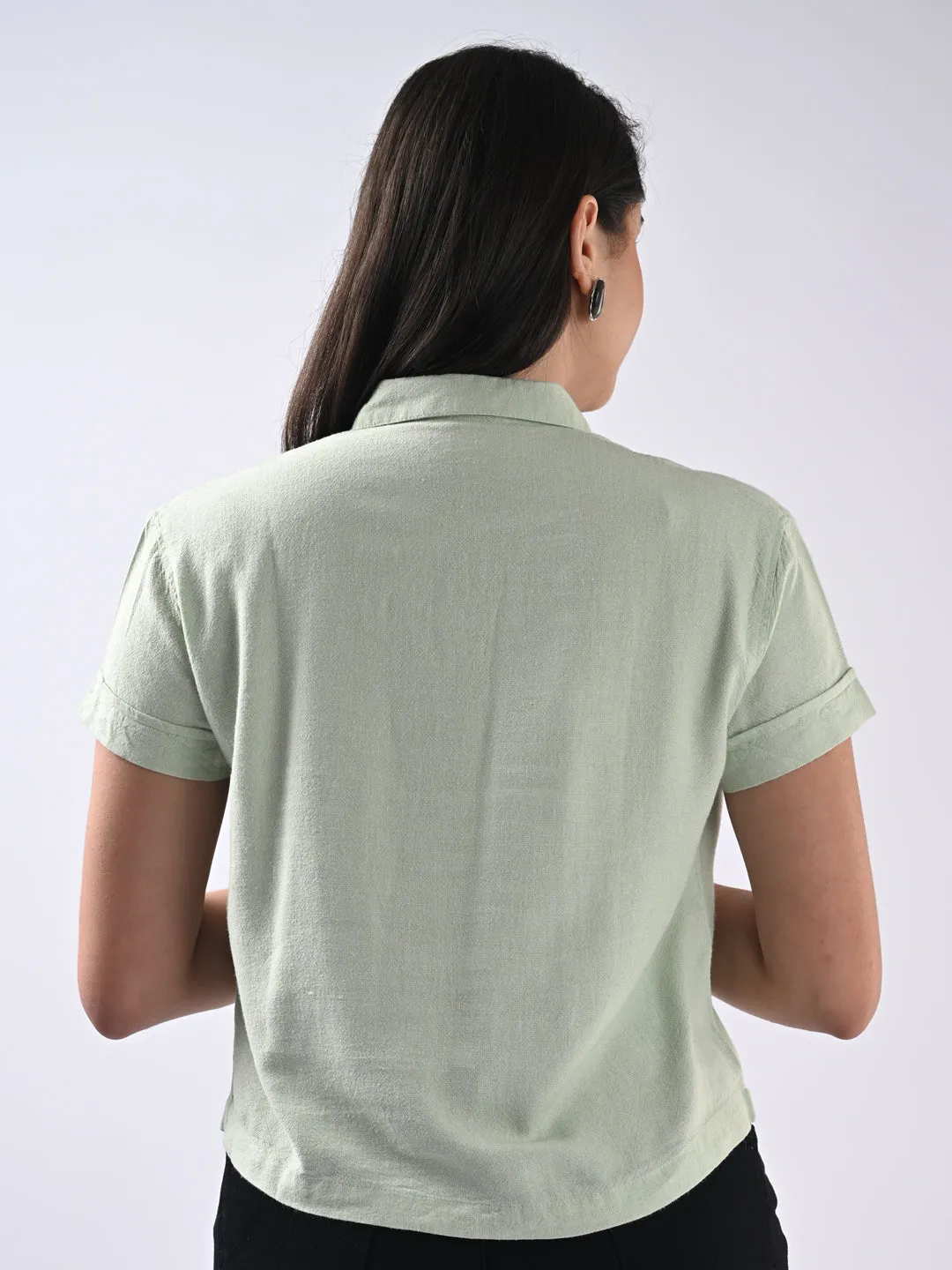 Women Solid Short Sleeves Mint Shirt