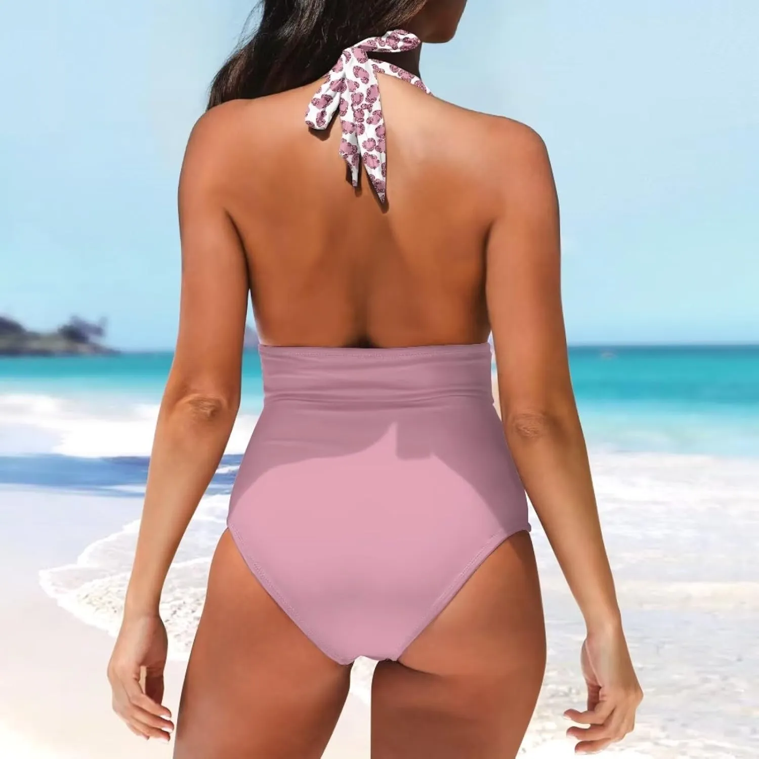 Women Tummy Control Bathing Suits Halter One Piece Swimsuits Push Up Bathingsuits Padded Swim Suits Leopard Print