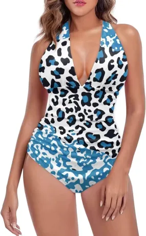 Women Tummy Control Bathing Suits Halter One Piece Swimsuits Push Up Bathingsuits Padded Swim Suits Leopard Print