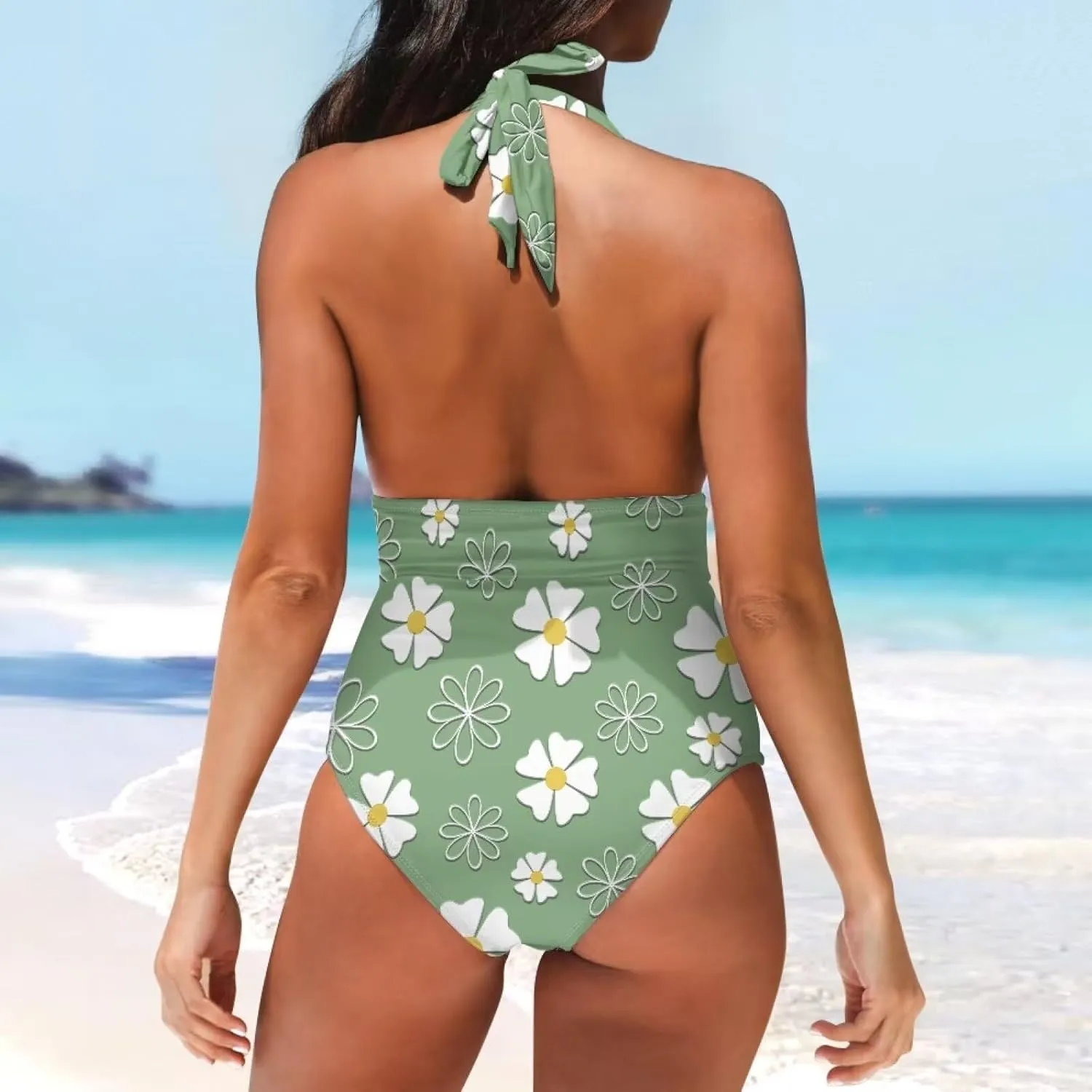 Women Tummy Control Bathing Suits Halter One Piece Swimsuits Push Up Bathingsuits Padded Swim Suits Leopard Print