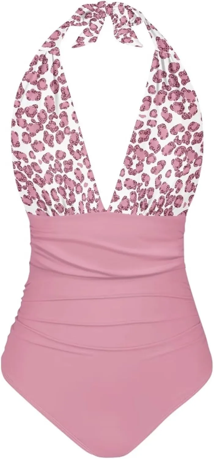 Women Tummy Control Bathing Suits Halter One Piece Swimsuits Push Up Bathingsuits Padded Swim Suits Leopard Print