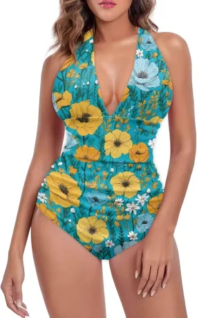Women Tummy Control Bathing Suits Halter One Piece Swimsuits Push Up Bathingsuits Padded Swim Suits Leopard Print