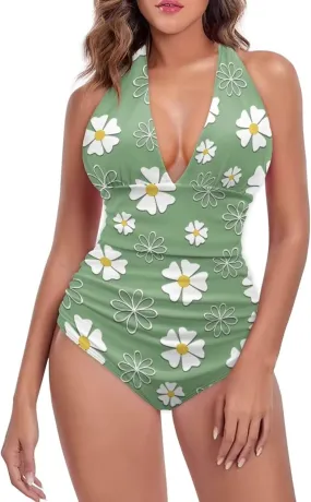 Women Tummy Control Bathing Suits Halter One Piece Swimsuits Push Up Bathingsuits Padded Swim Suits Leopard Print
