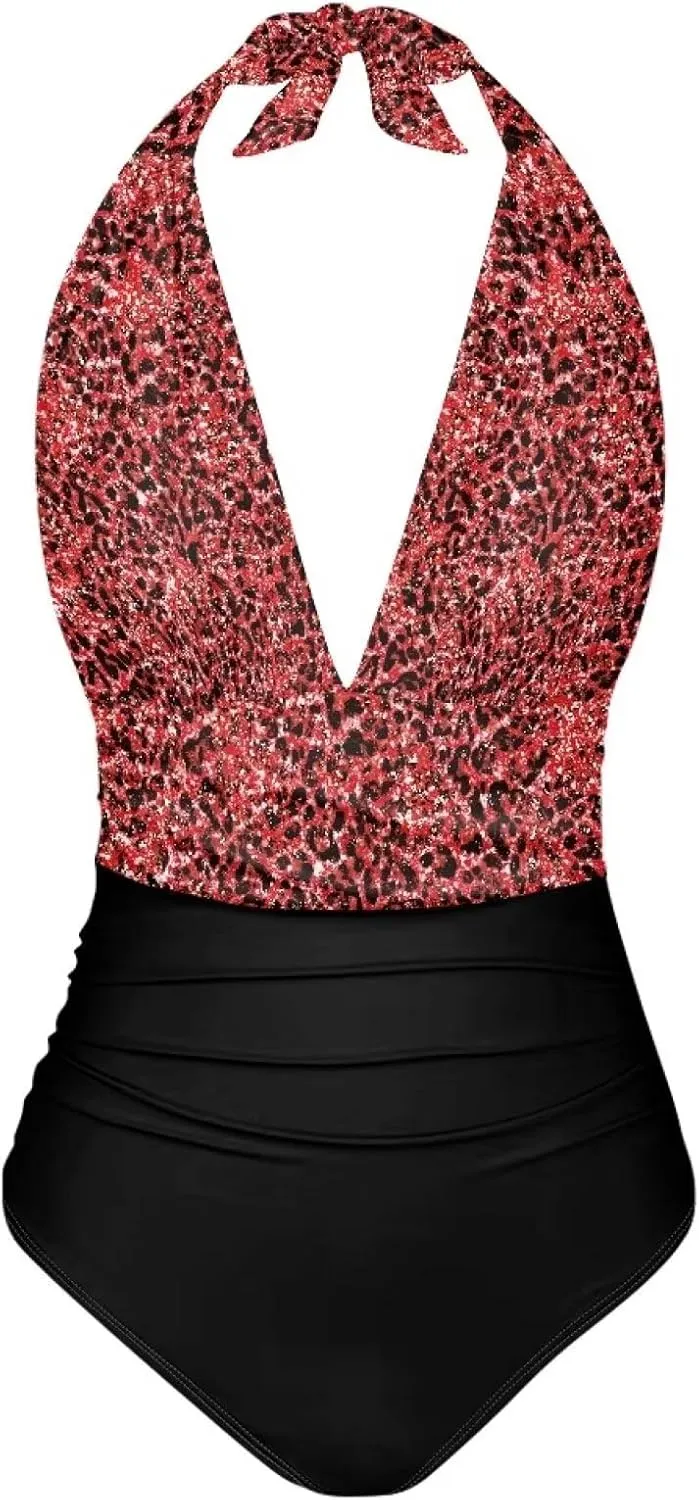 Women Tummy Control Bathing Suits Halter One Piece Swimsuits Push Up Bathingsuits Padded Swim Suits Leopard Print