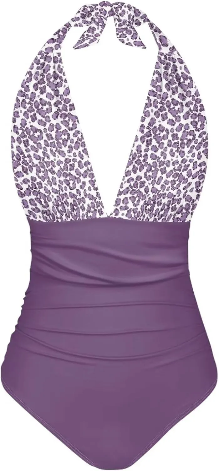 Women Tummy Control Bathing Suits Halter One Piece Swimsuits Push Up Bathingsuits Padded Swim Suits Leopard Print