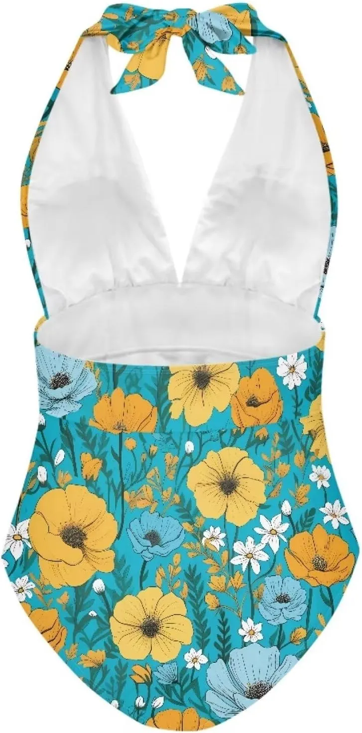 Women Tummy Control Bathing Suits Halter One Piece Swimsuits Push Up Bathingsuits Padded Swim Suits Leopard Print