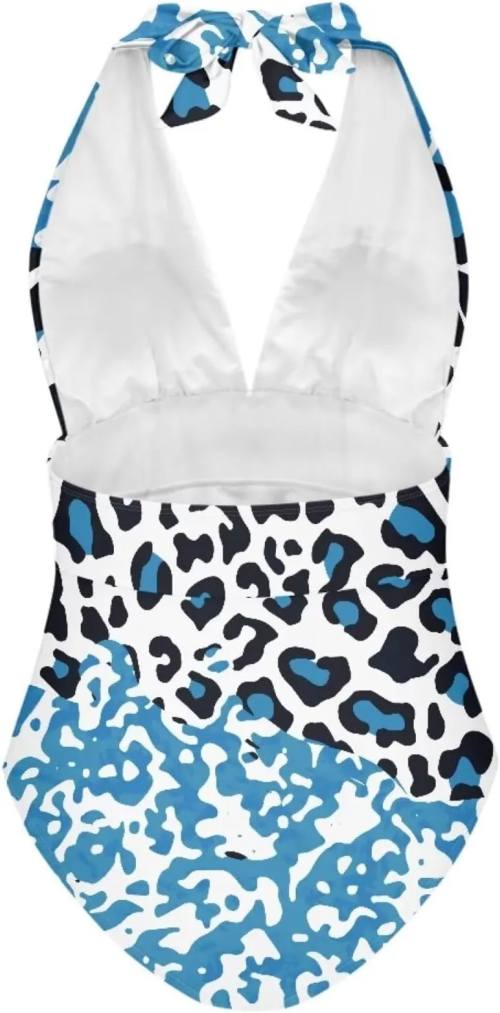 Women Tummy Control Bathing Suits Halter One Piece Swimsuits Push Up Bathingsuits Padded Swim Suits Leopard Print