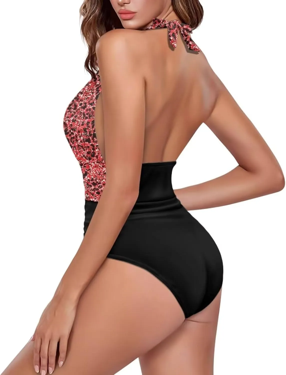 Women Tummy Control Bathing Suits Halter One Piece Swimsuits Push Up Bathingsuits Padded Swim Suits Leopard Print