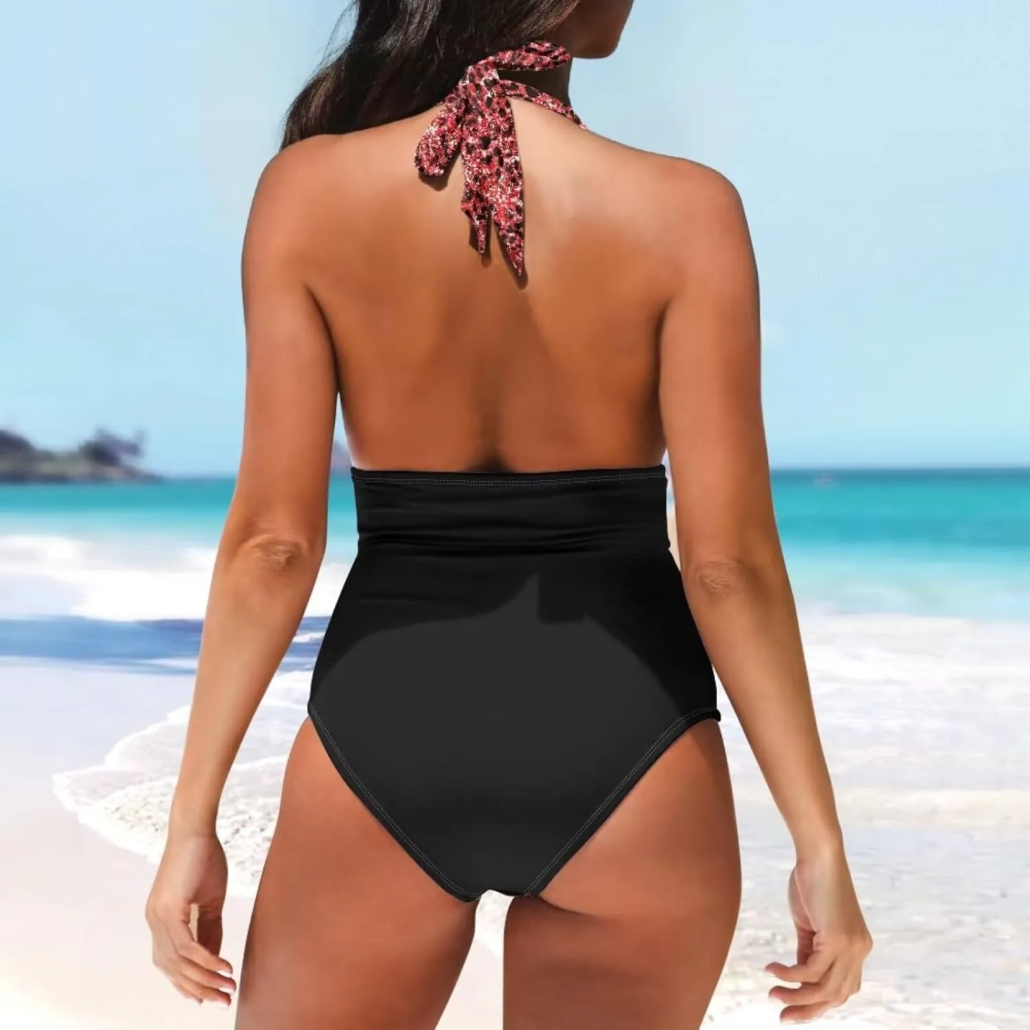 Women Tummy Control Bathing Suits Halter One Piece Swimsuits Push Up Bathingsuits Padded Swim Suits Leopard Print