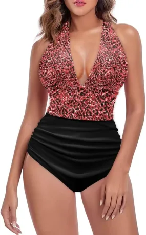 Women Tummy Control Bathing Suits Halter One Piece Swimsuits Push Up Bathingsuits Padded Swim Suits Leopard Print