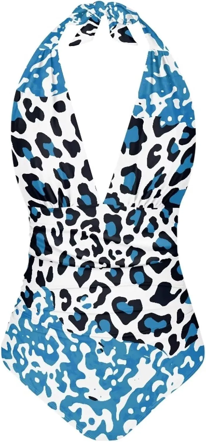 Women Tummy Control Bathing Suits Halter One Piece Swimsuits Push Up Bathingsuits Padded Swim Suits Leopard Print