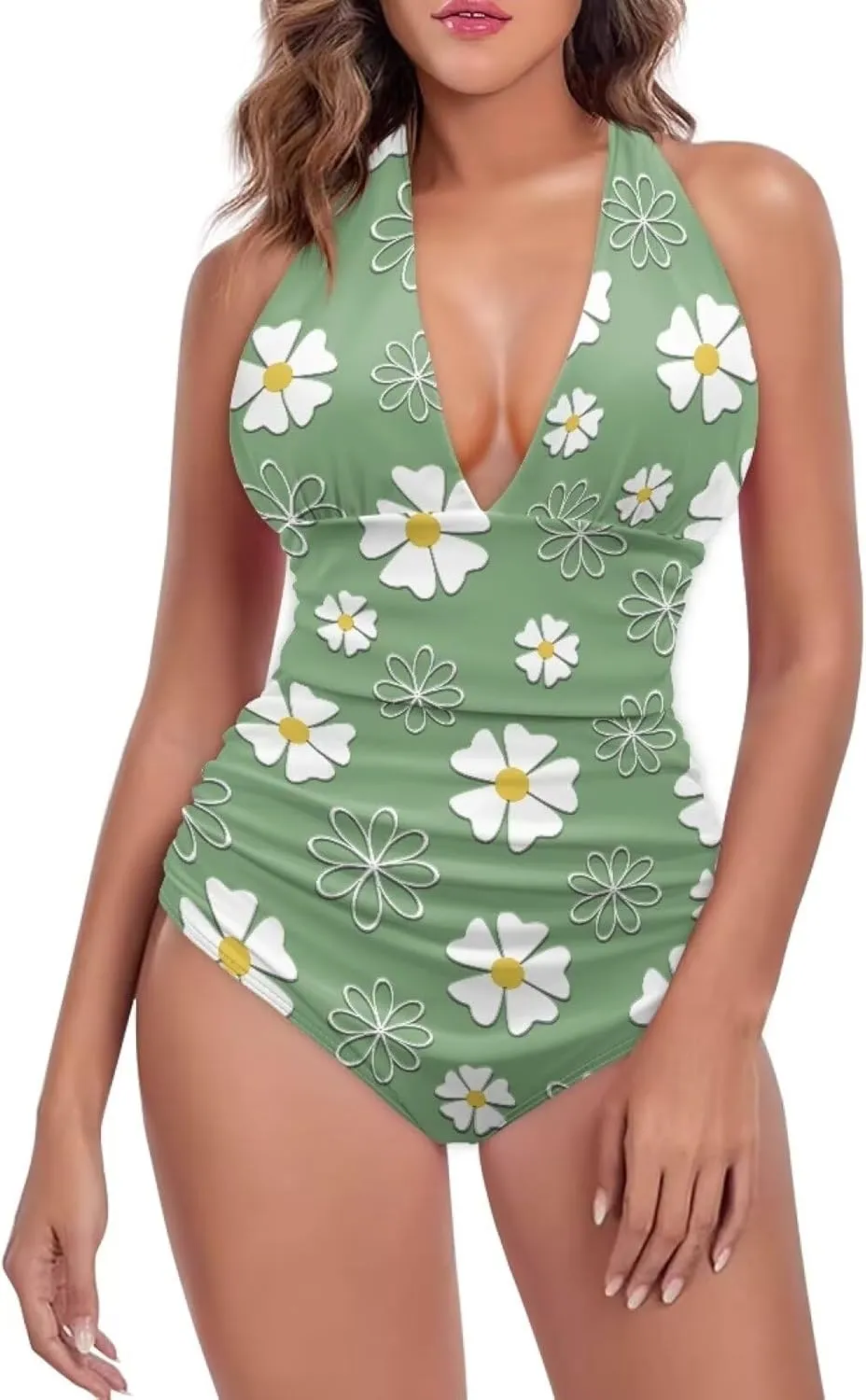 Women Tummy Control Bathing Suits Halter One Piece Swimsuits Push Up Bathingsuits Padded Swim Suits Leopard Print