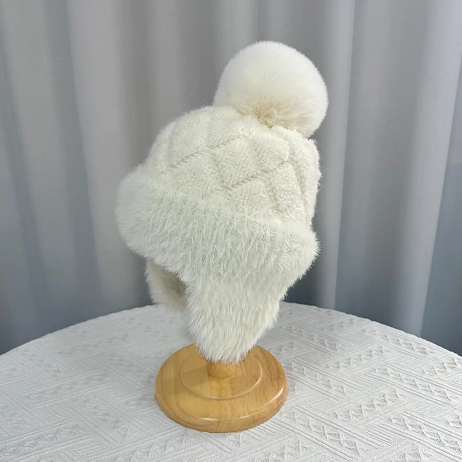 Women Winter Sherpa Beanie Hats Knit Ear Flaps Peruvian Cover Ears Fleece Lined Fluffy Ski Snow Hat with Pompom