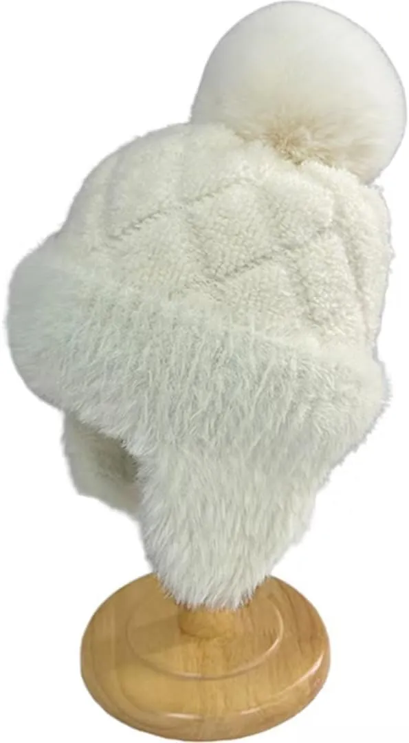 Women Winter Sherpa Beanie Hats Knit Ear Flaps Peruvian Cover Ears Fleece Lined Fluffy Ski Snow Hat with Pompom