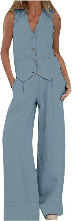 Women's 2 Piece Outfits Linen Sweatsuits Button Down Vest Waistcoat Dressy Casual Sets Wide Leg Pants Suits