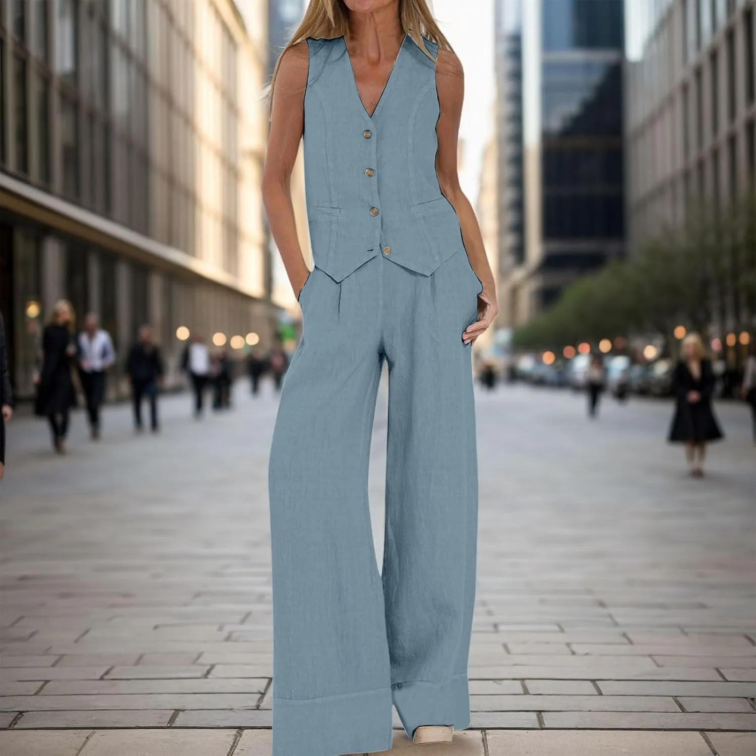 Women's 2 Piece Outfits Linen Sweatsuits Button Down Vest Waistcoat Dressy Casual Sets Wide Leg Pants Suits