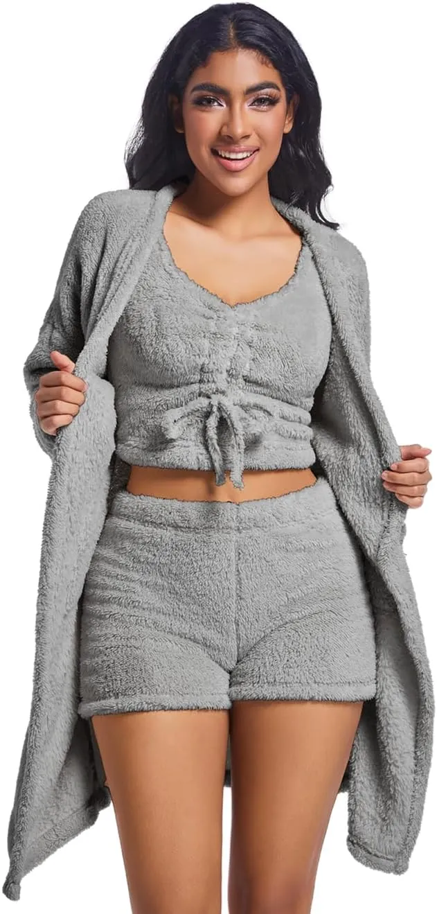 Women's 3-Piece Fluffy Fleece Pajama Sets Loungewear Outfits
