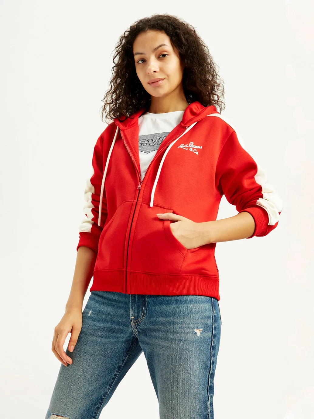 Women's Colorblock Red Hooded Sweatshirt