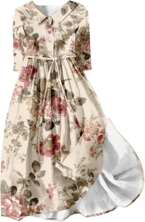 Women's Cotton Linen Dresses Summer Half Sleeve A Line Comfy Maxi Dress Casual Loose Fit Trendy Vacation Clothes