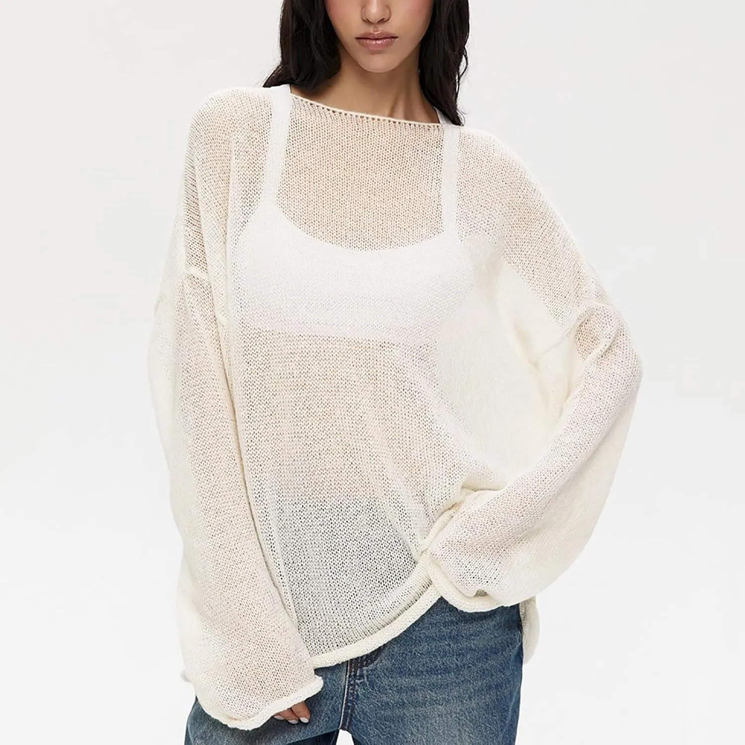 Women's Crochet Sweater Long Sleeve Hollow out Oversized Sweater Sheer Mesh Knit Sweater Lightweight Pullover Sweater