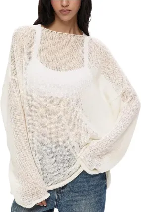 Women's Crochet Sweater Long Sleeve Hollow out Oversized Sweater Sheer Mesh Knit Sweater Lightweight Pullover Sweater
