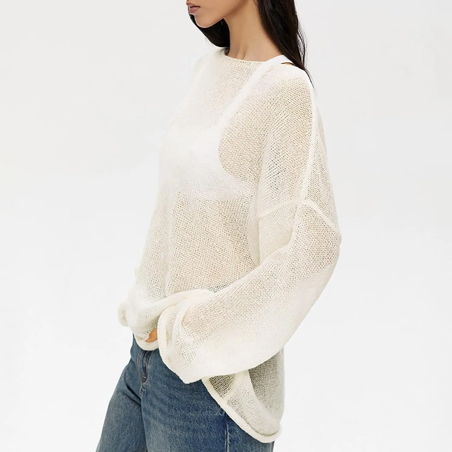 Women's Crochet Sweater Long Sleeve Hollow out Oversized Sweater Sheer Mesh Knit Sweater Lightweight Pullover Sweater