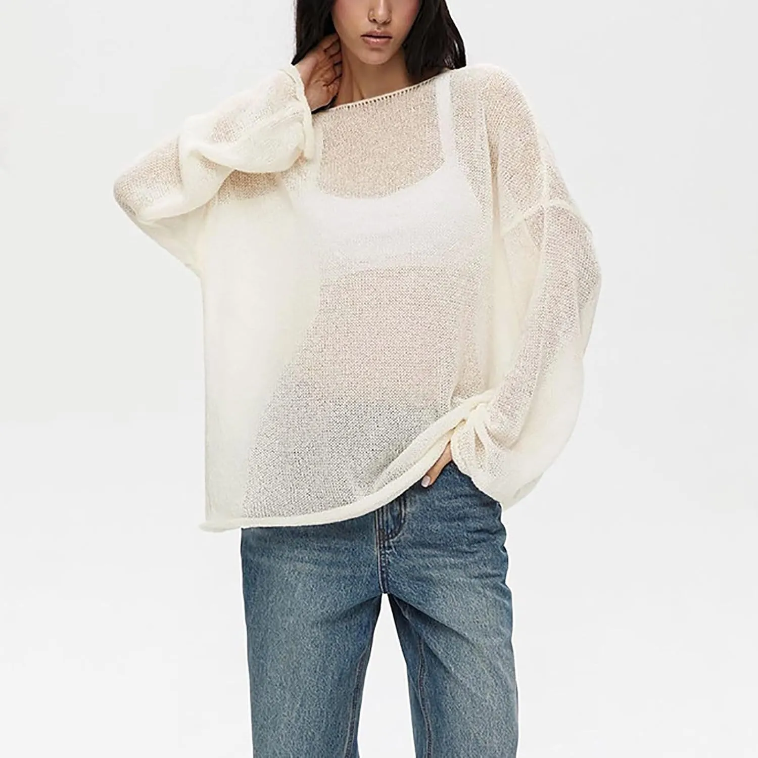 Women's Crochet Sweater Long Sleeve Hollow out Oversized Sweater Sheer Mesh Knit Sweater Lightweight Pullover Sweater
