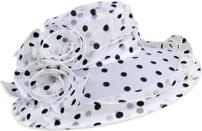Women's Derby Church Dress Hat Polka Dots Organza Flower Fascinator Wide Brim Bridal Shower Wedding Tea Party Hat