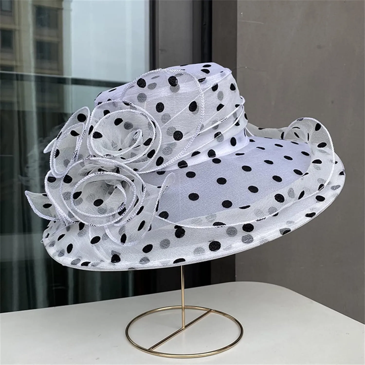 Women's Derby Church Dress Hat Polka Dots Organza Flower Fascinator Wide Brim Bridal Shower Wedding Tea Party Hat