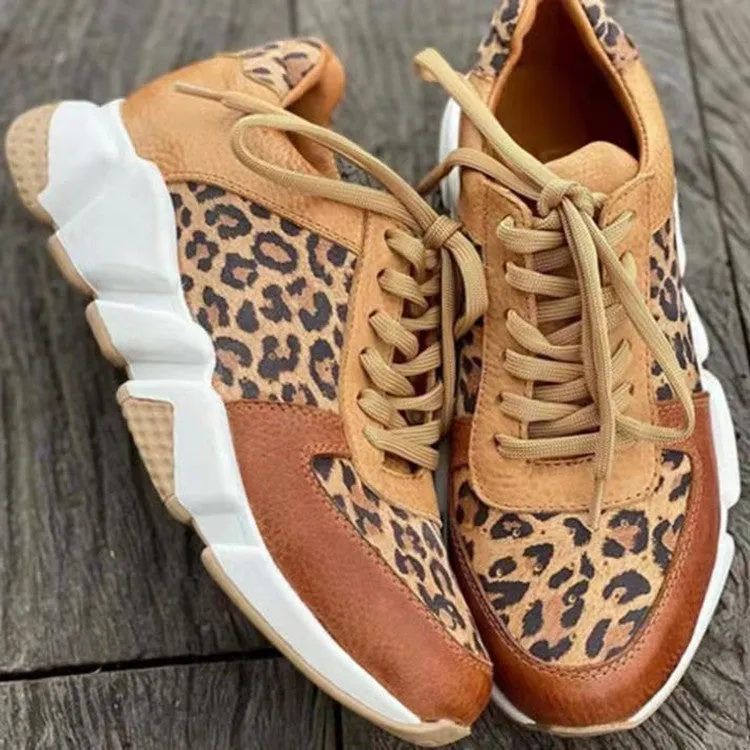 Women's Fashion Leopard Thicksoled Round Toe Lowtop  Stitching Laceup  Sneakers