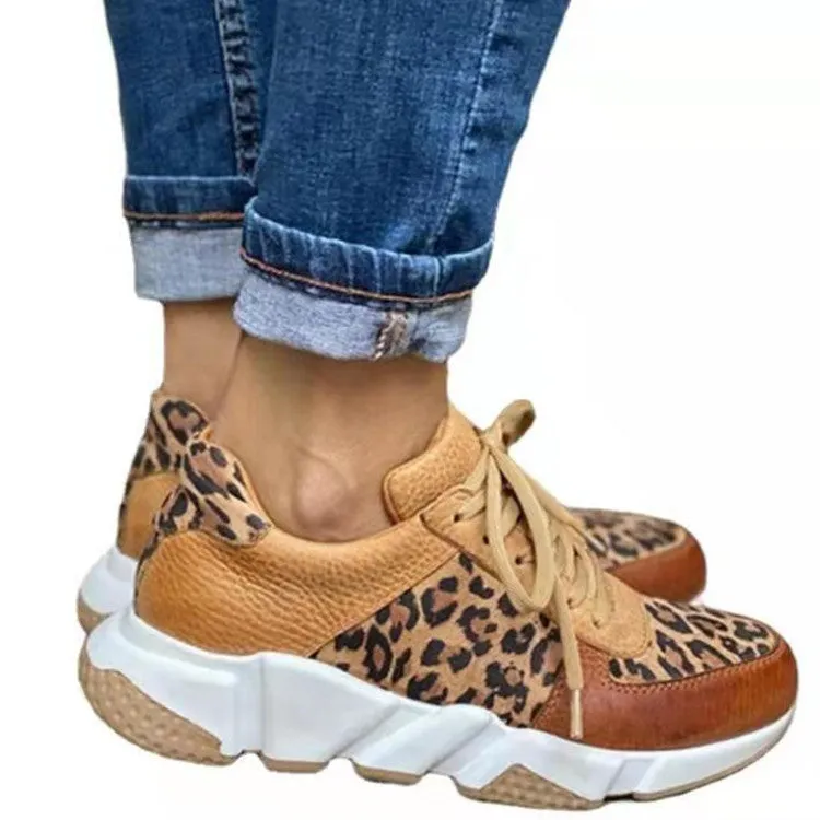 Women's Fashion Leopard Thicksoled Round Toe Lowtop  Stitching Laceup  Sneakers