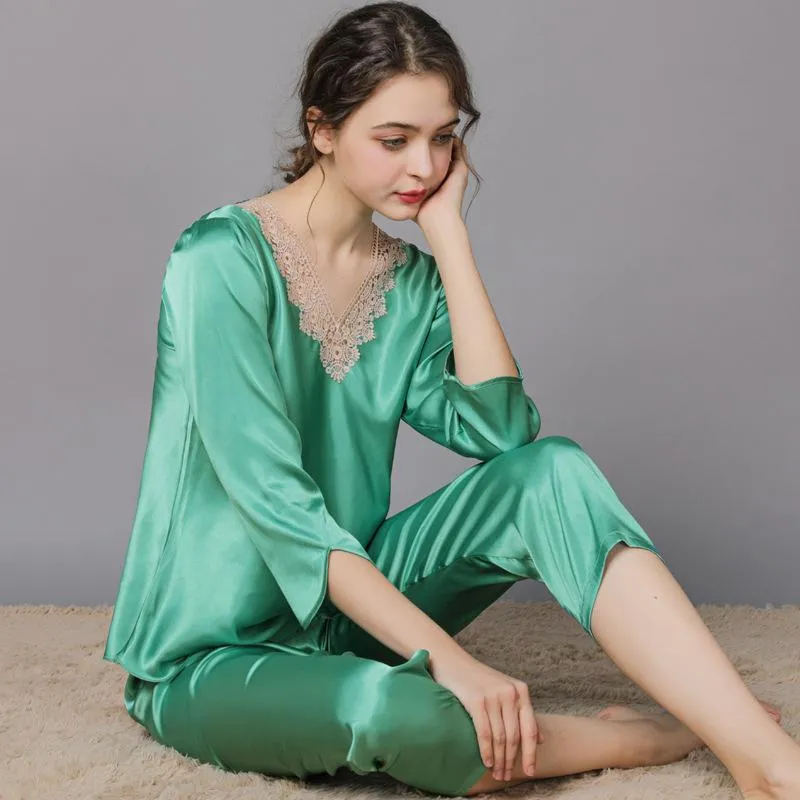 Women's Lace Floral Soft Satin Pajama Set