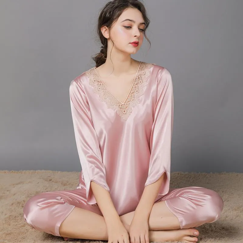 Women's Lace Floral Soft Satin Pajama Set