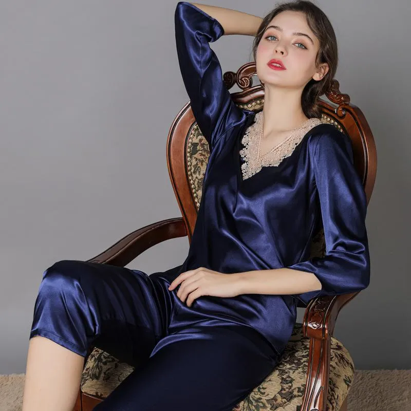 Women's Lace Floral Soft Satin Pajama Set