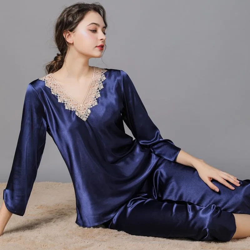 Women's Lace Floral Soft Satin Pajama Set