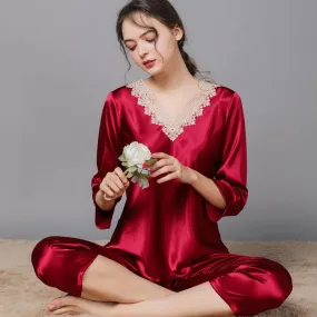 Women's Lace Floral Soft Satin Pajama Set
