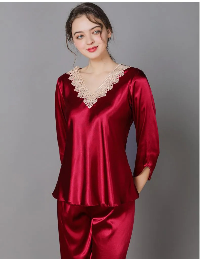 Women's Lace Floral Soft Satin Pajama Set