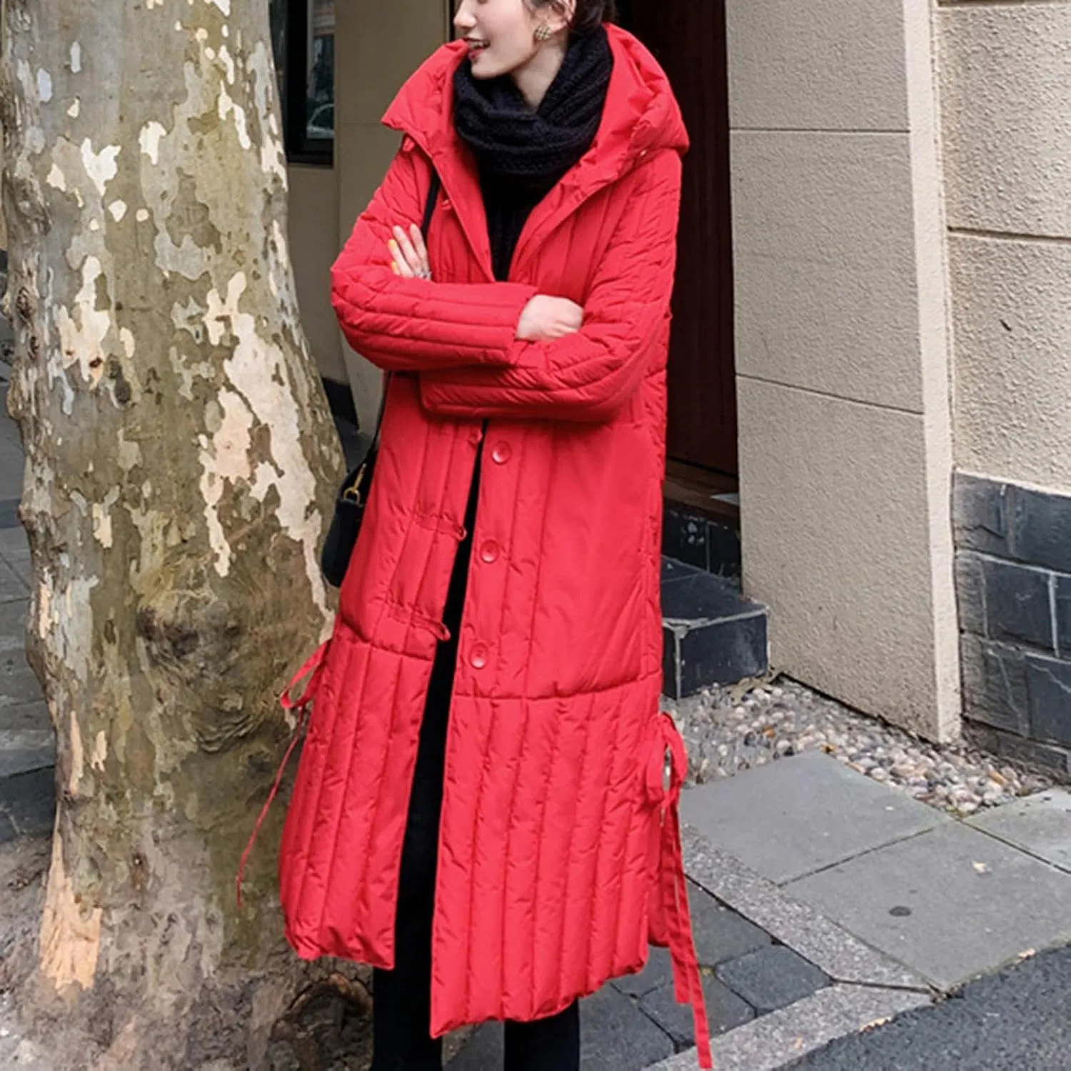 Womens Long Hooded Puffer Jackets Plus Size Lightweight Quilted Jackets Thicken Down Coats Warm Outerwear with Pockets