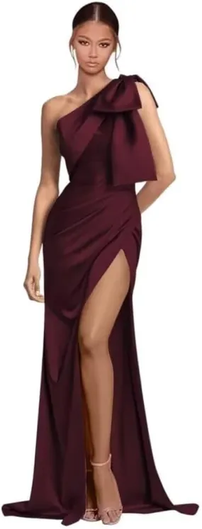 Women's One Shoulder Prom Dress with Bow Long Slit Mermaid Bridesmaid Dresses Ruched Satin Formal Evening Gown WO052
